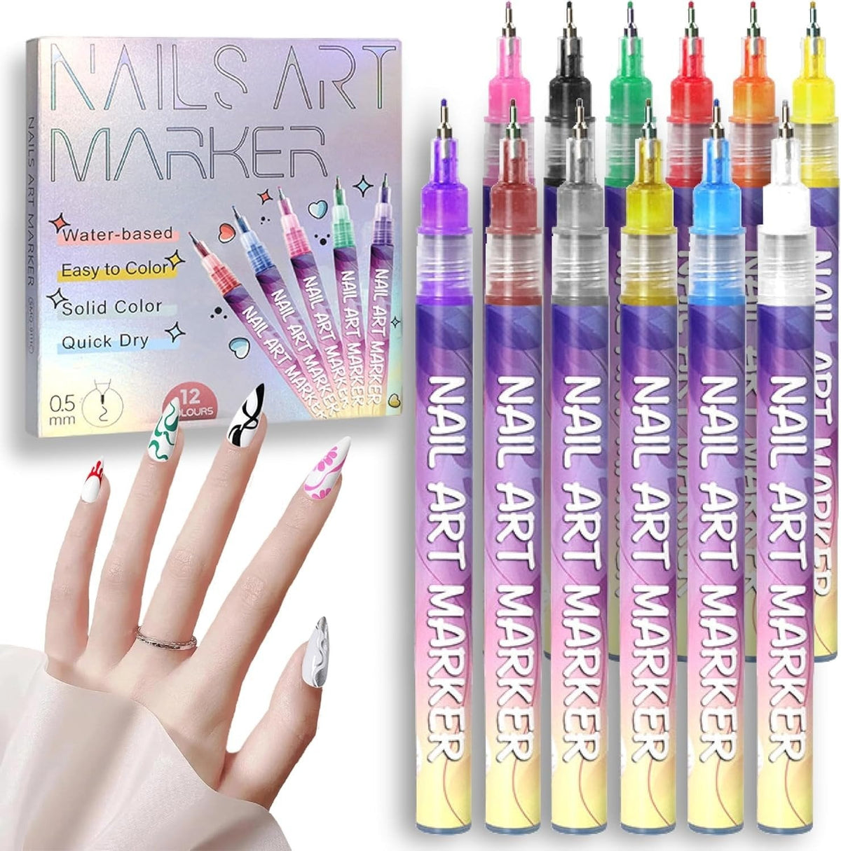 12 Colors Nail Art Marker Pen Set – DIY Creative Nail Design Pens 🎨💅