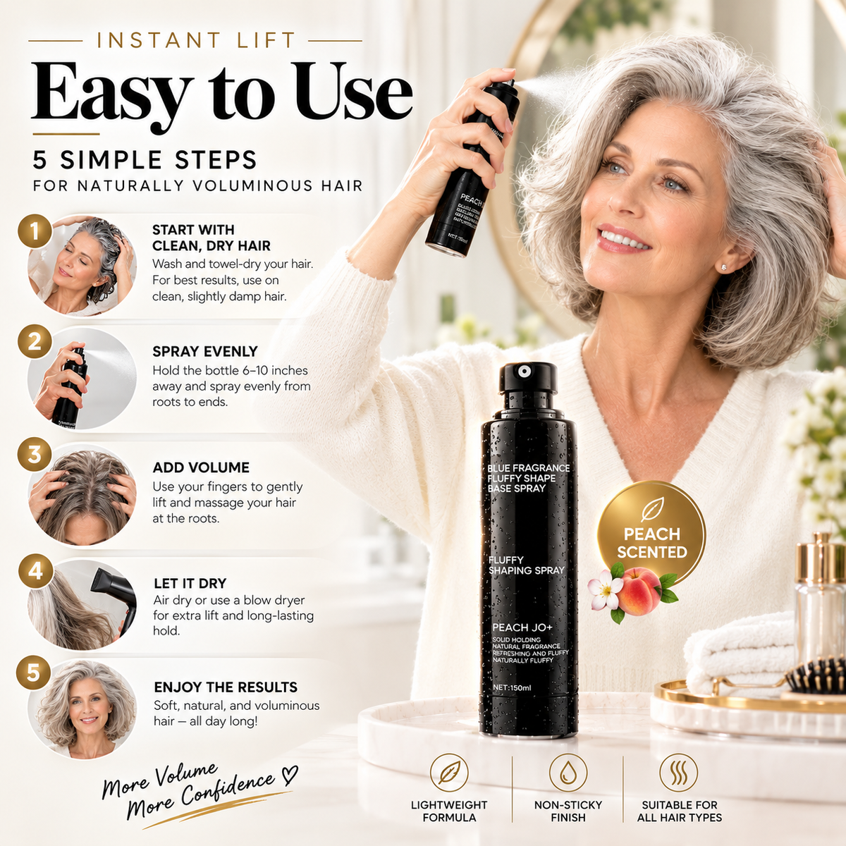 Peach-scented volumizing & setting spray—for lightweight, bouncy hair and long-lasting hold