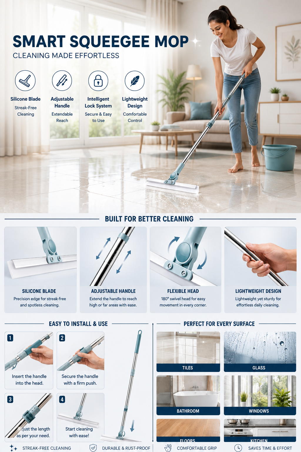 FlexiWipe – Multipurpose Wiper | Extendable-Rod | Silicon Blade | 180° Head