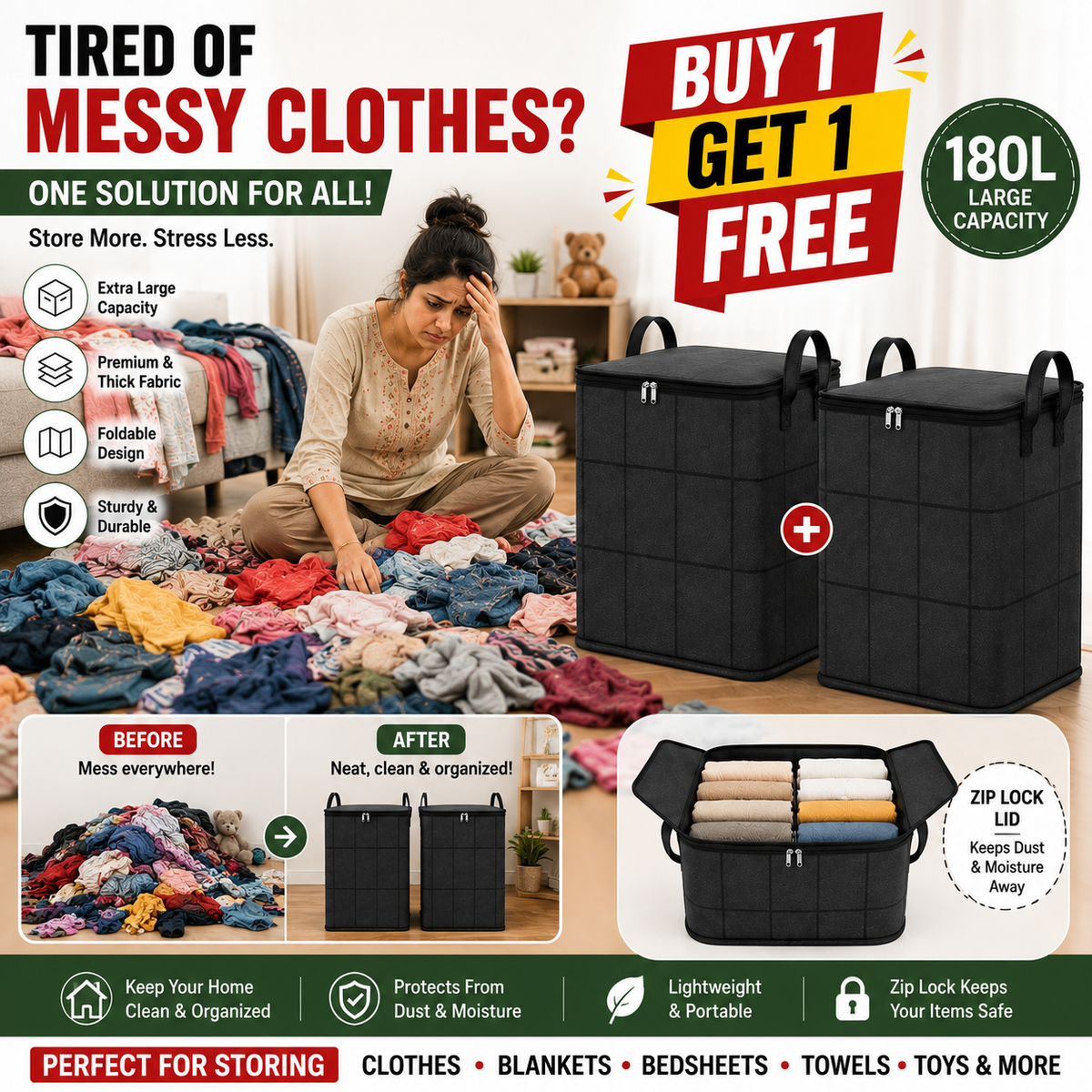 Spacious Moving Storage Bin – Zippered Organizer (BUY 1 GET 1 FREE)
