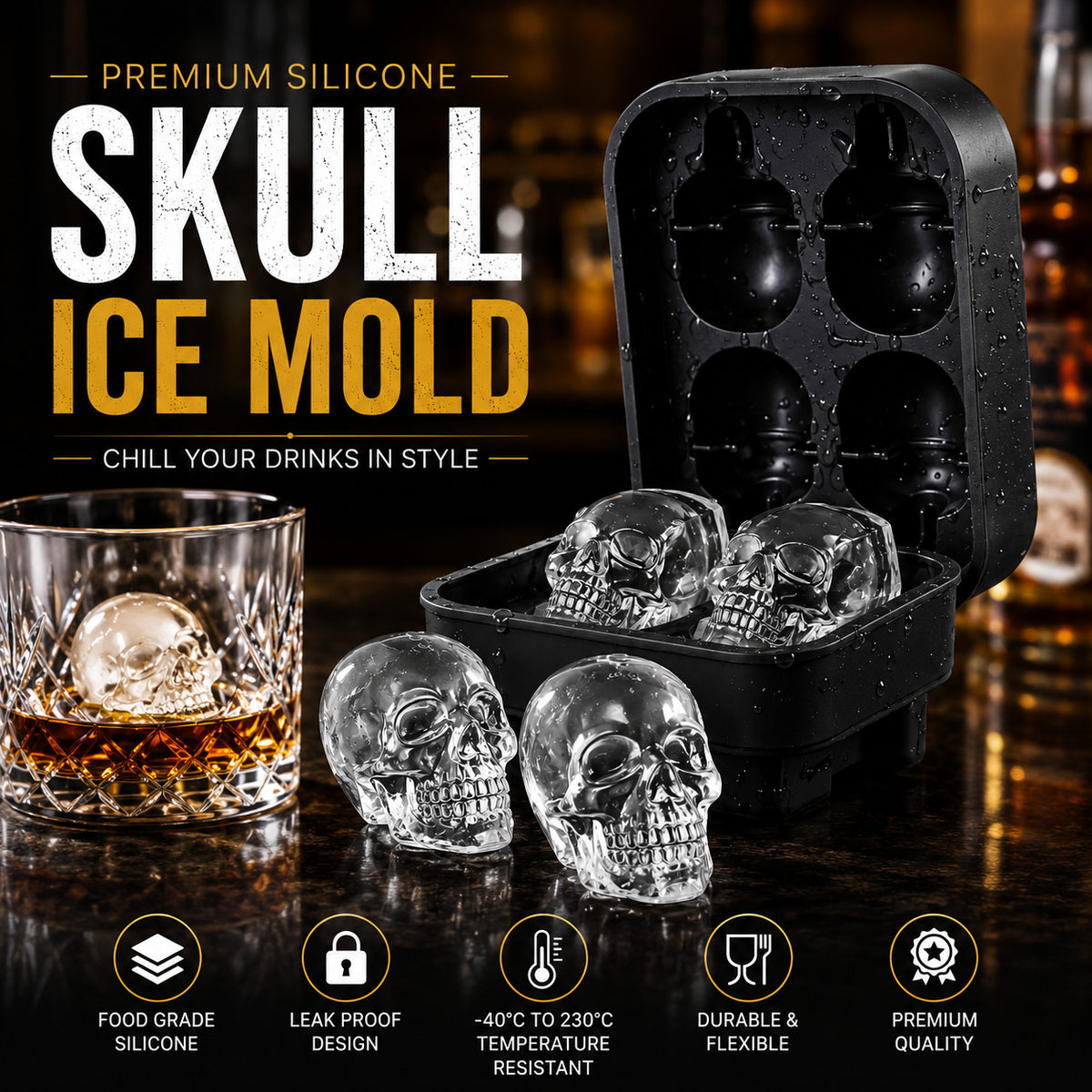 DIY Silicone Skull Ice Cube Tray – Giant slow-melt✨(4 Skull In One)