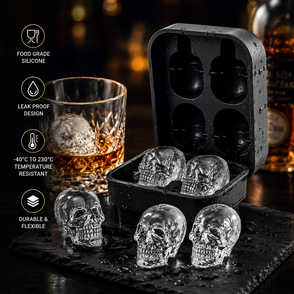 DIY Silicone Skull Ice Cube Tray – Giant slow-melt✨(4 Skull In One)