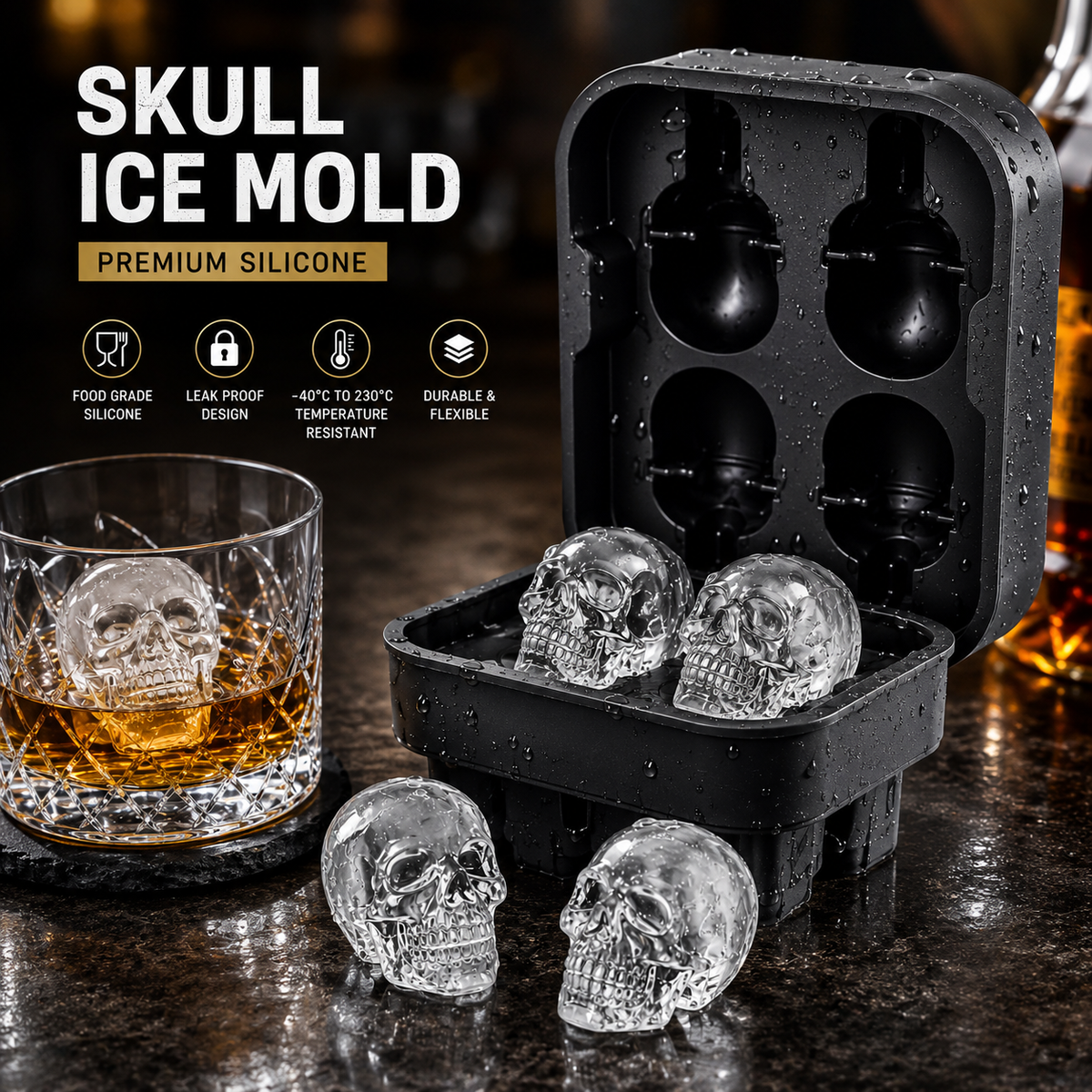 DIY Silicone Skull Ice Cube Tray – Giant slow-melt✨(4 Skull In One)