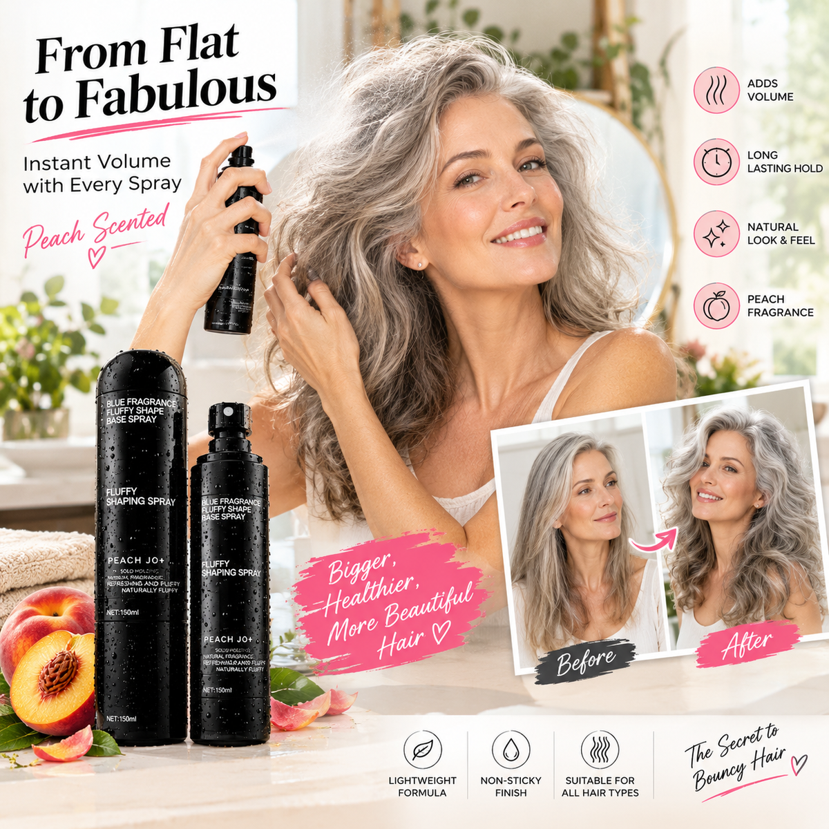 Peach-scented volumizing & setting spray—for lightweight, bouncy hair and long-lasting hold