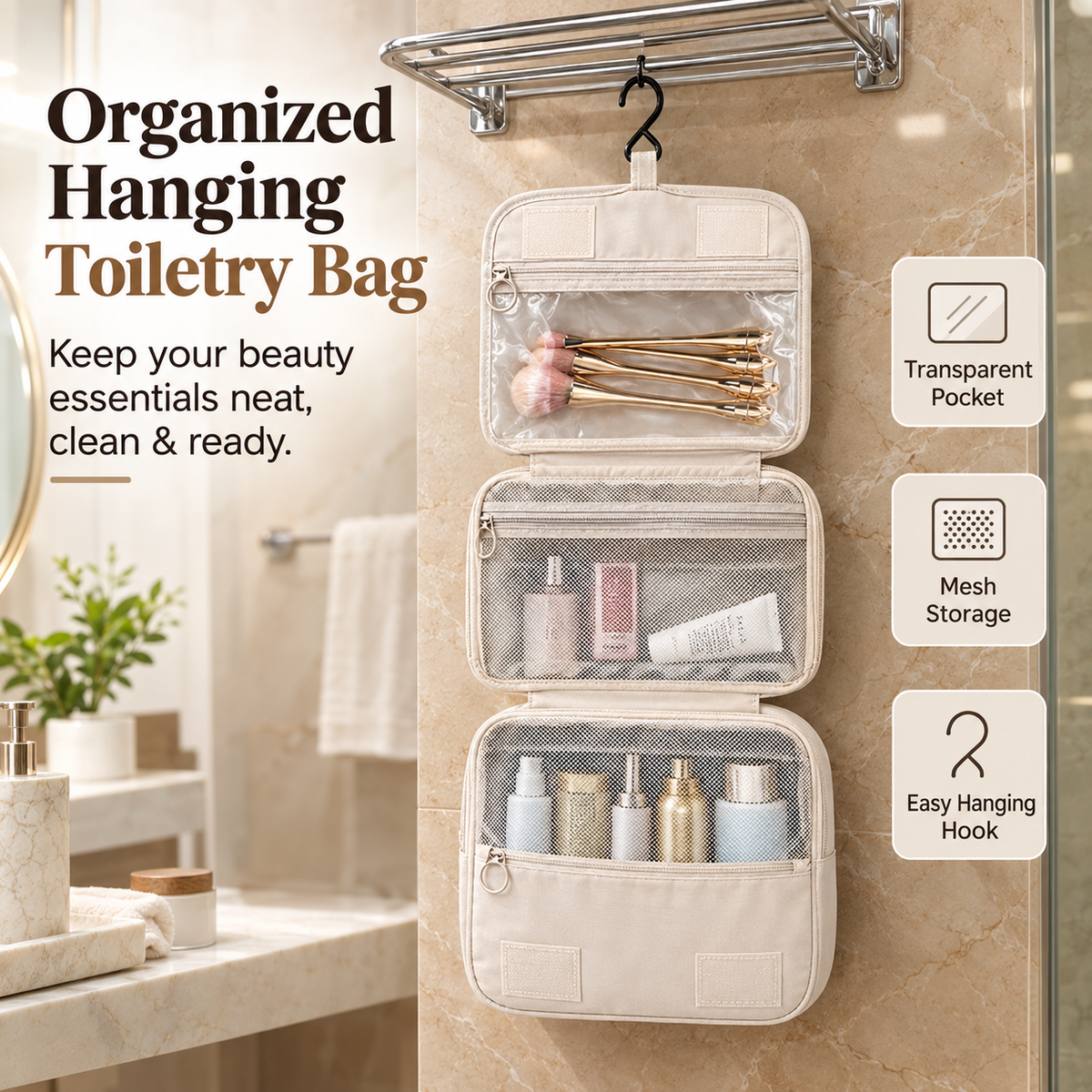✨ Striped Hanging Travel Toiletry Bag