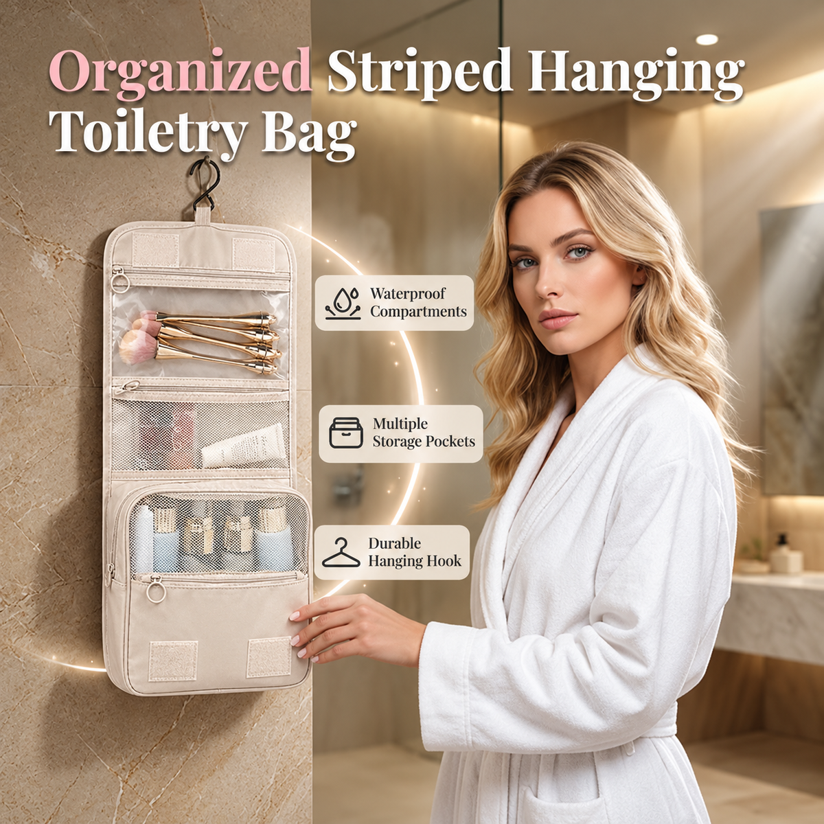 ✨ Striped Hanging Travel Toiletry Bag