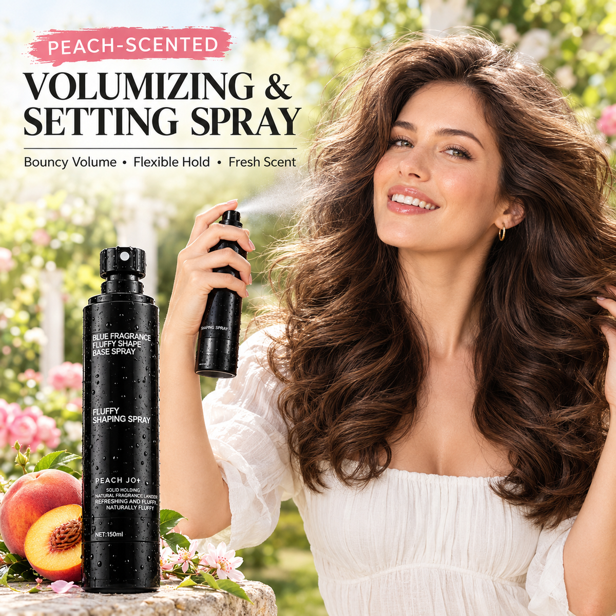 Peach-scented volumizing & setting spray—for lightweight, bouncy hair and long-lasting hold