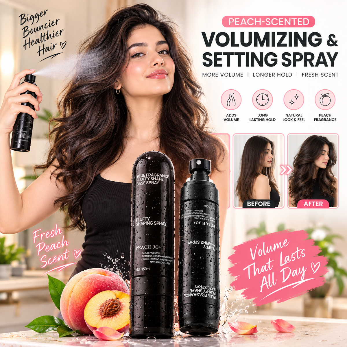 Peach-scented volumizing & setting spray—for lightweight, bouncy hair and long-lasting hold