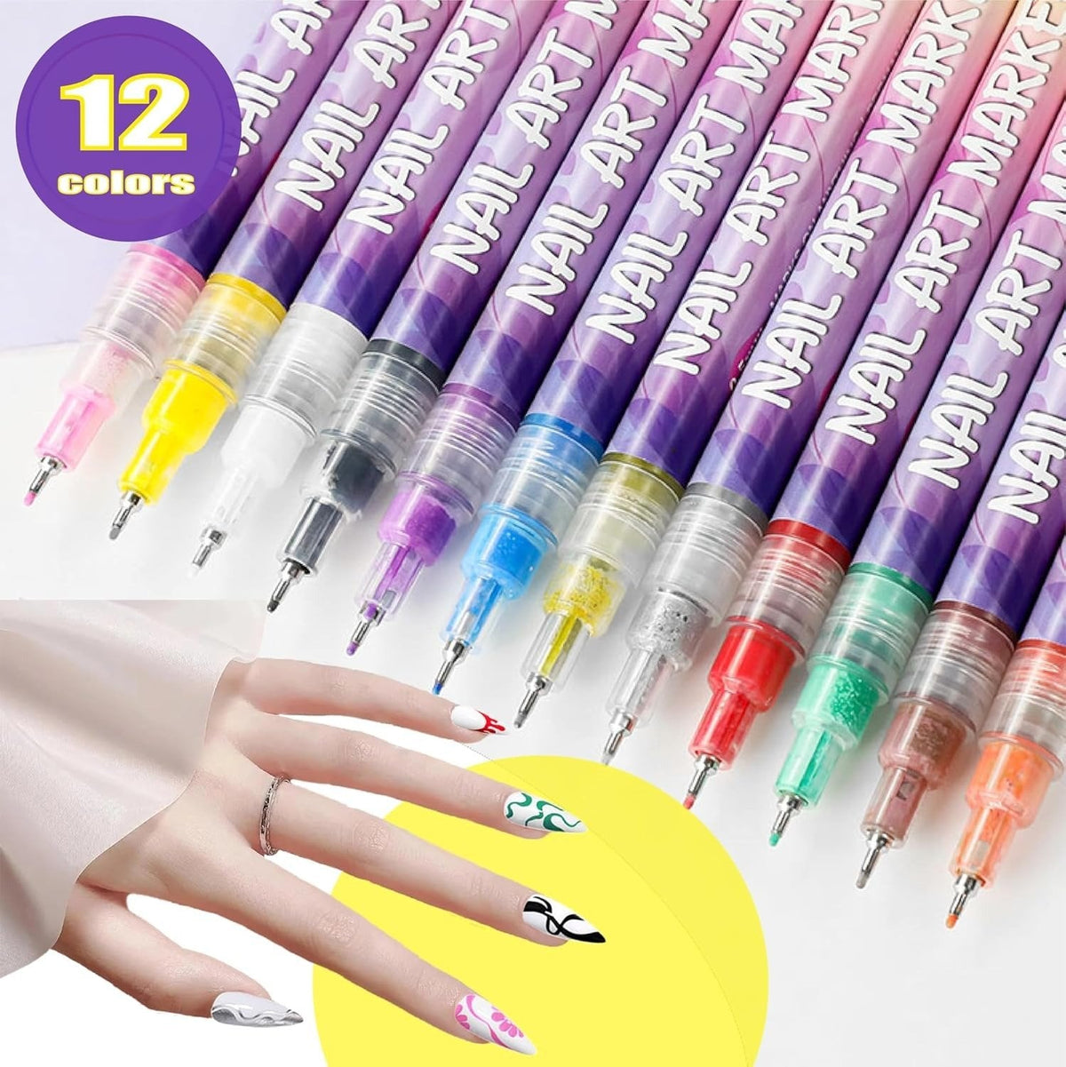 12 Colors Nail Art Marker Pen Set – DIY Creative Nail Design Pens 🎨💅