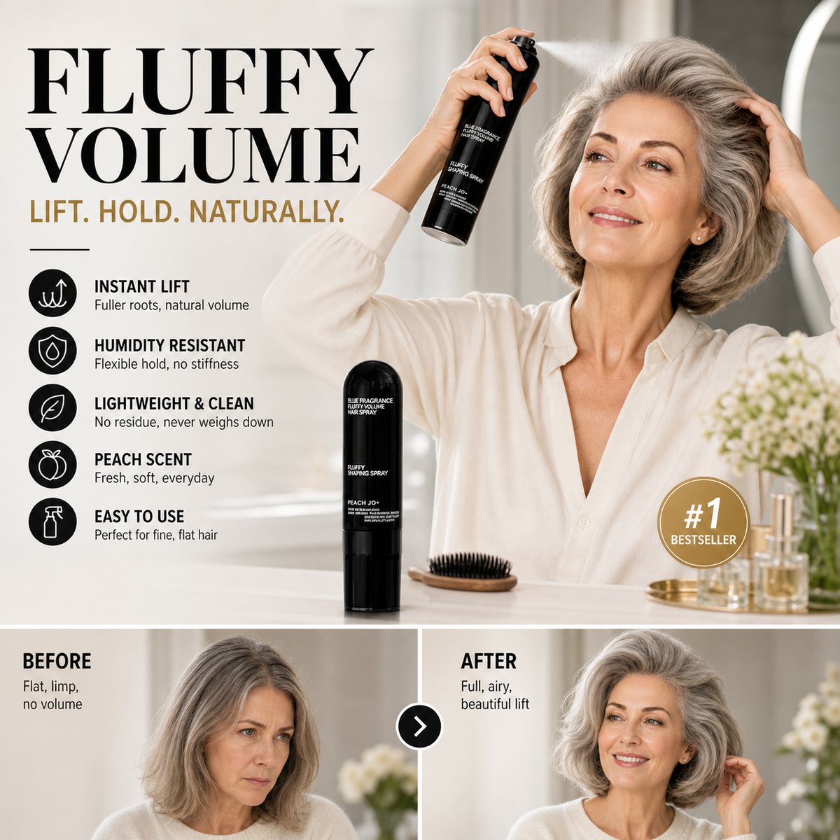 Peach-scented volumizing & setting spray—for lightweight, bouncy hair and long-lasting hold